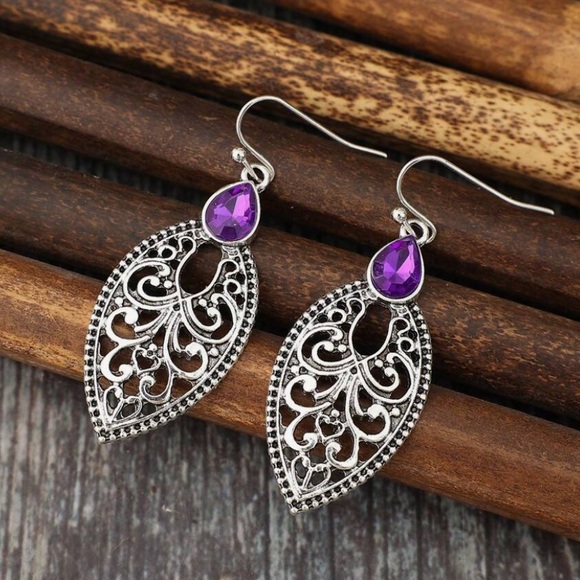 Any 4/$25! Intricate Silver Purple Crystal Boho Drop Earrings - Picture 4 of 6